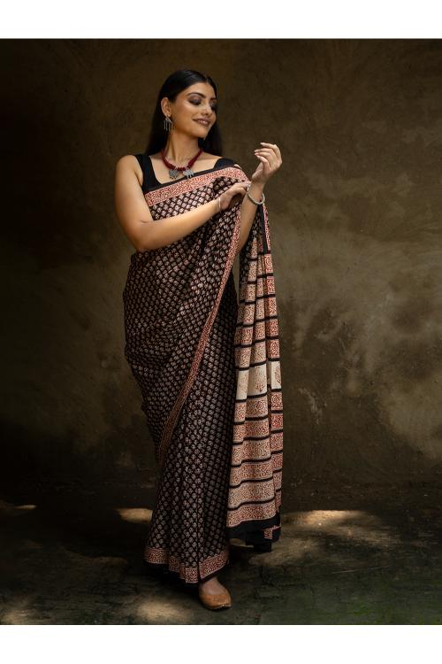 TICH Classic Appeal. Bagru Hand Block Printed Mul Cotton Saree - Black Ornate - Image 3