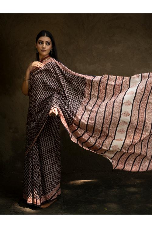 TICH Classic Appeal. Bagru Hand Block Printed Mul Cotton Saree - Black Ornate - Image 4