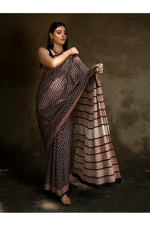 TICH Classic Appeal. Bagru Hand Block Printed Mul Cotton Saree - Black Ornate - Image 7
