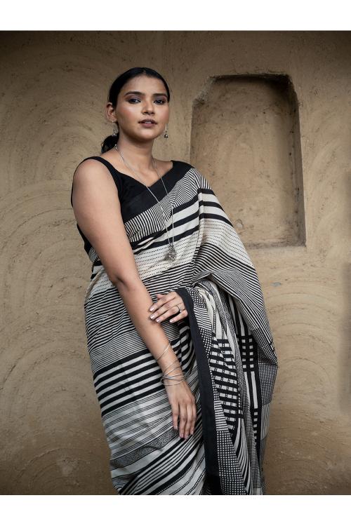TICH Classic Appeal. Bagru Hand Block Printed Mul Cotton Saree - Bold Stripes - Image 2