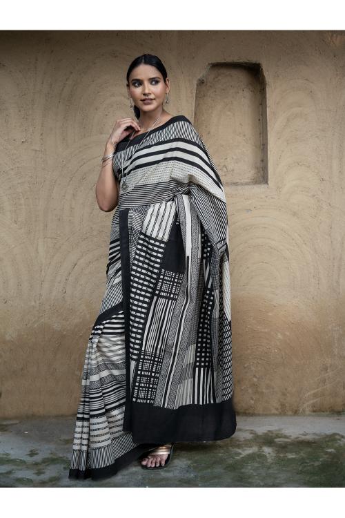 TICH Classic Appeal. Bagru Hand Block Printed Mul Cotton Saree - Bold Stripes - Image 6