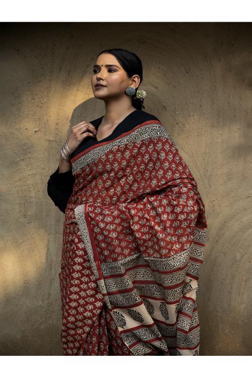 TICH Classic Appeal. Bagru Hand Block Printed Mul Cotton Saree - Vibrant Flora - Image 13