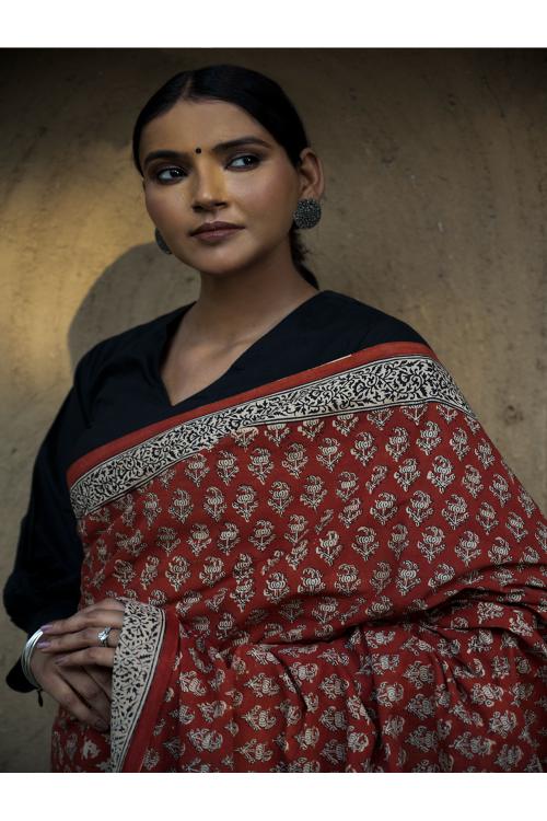 TICH Classic Appeal. Bagru Hand Block Printed Mul Cotton Saree - Vibrant Flora - Image 3