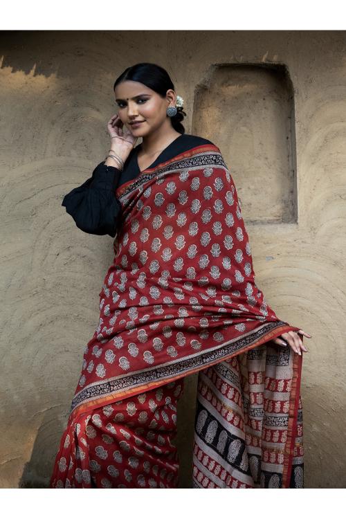 TICH Classic Appeal. Bagru Hand Block Printed Mul Cotton Saree - Vibrant Flora - Image 9