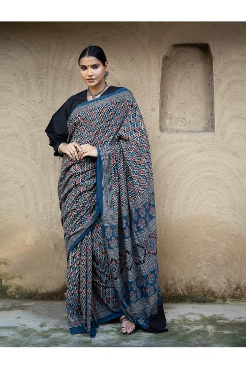 TICH Classic Elegance. Ajrakh Hand Block Printed Cotton Mul Saree - Blue Diamond - Image 2