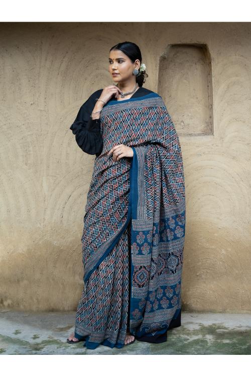 TICH Classic Elegance. Ajrakh Hand Block Printed Cotton Mul Saree - Blue Diamond - Image 3