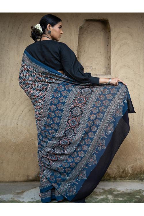 TICH Classic Elegance. Ajrakh Hand Block Printed Cotton Mul Saree - Blue Diamond - Image 4