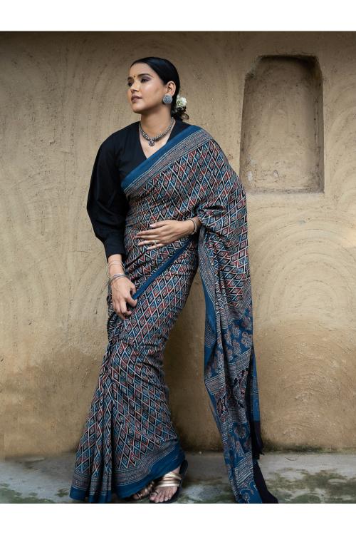 TICH Classic Elegance. Ajrakh Hand Block Printed Cotton Mul Saree - Blue Diamond - Image 5