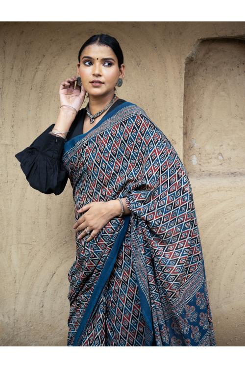 TICH Classic Elegance. Ajrakh Hand Block Printed Cotton Mul Saree - Blue Diamond - Image 7
