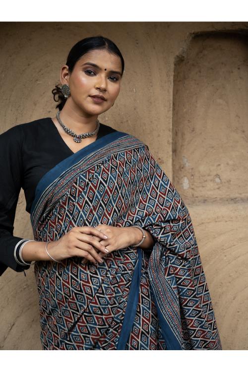 TICH Classic Elegance. Ajrakh Hand Block Printed Cotton Mul Saree - Blue Diamond - Image 8