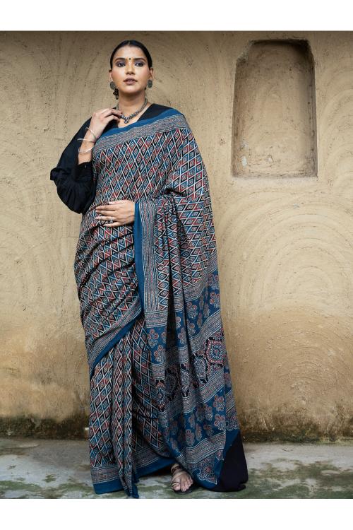 TICH Classic Elegance. Ajrakh Hand Block Printed Cotton Mul Saree - Blue Diamond - Image 9