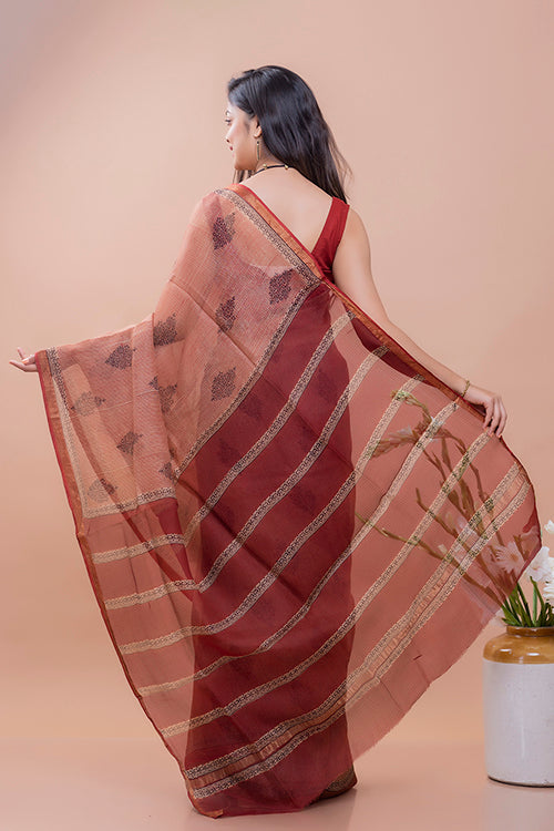 TICH Classic Elegance. Bagru Block Printed Kota Silk Doria Saree - Red Ornate - Image 4