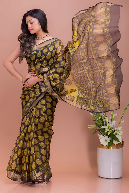 TICH Classic Elegance. Bagru Block Printed Kota Silk Doria Saree - Yellow Paisleys - Image 3