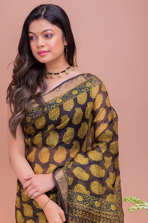 TICH Classic Elegance. Bagru Block Printed Kota Silk Doria Saree - Yellow Paisleys - Image 5