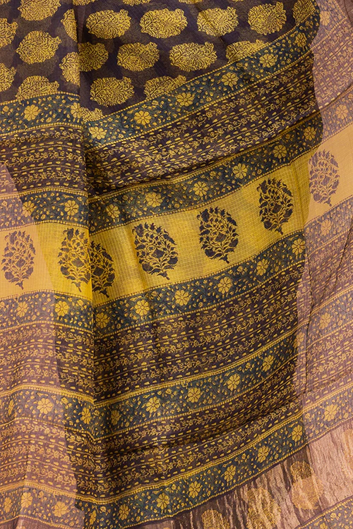 TICH Classic Elegance. Bagru Block Printed Kota Silk Doria Saree - Yellow Paisleys - Image 6