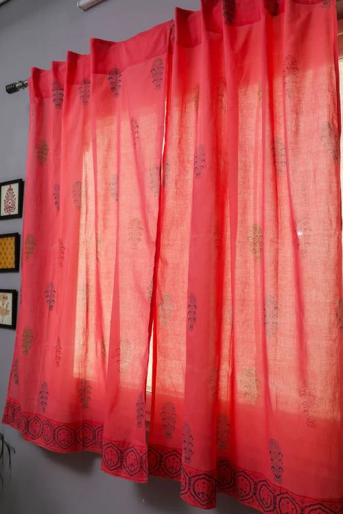 Sooti Syahi Climbing Orange Hand Block Printed Window Curtain - Image 3