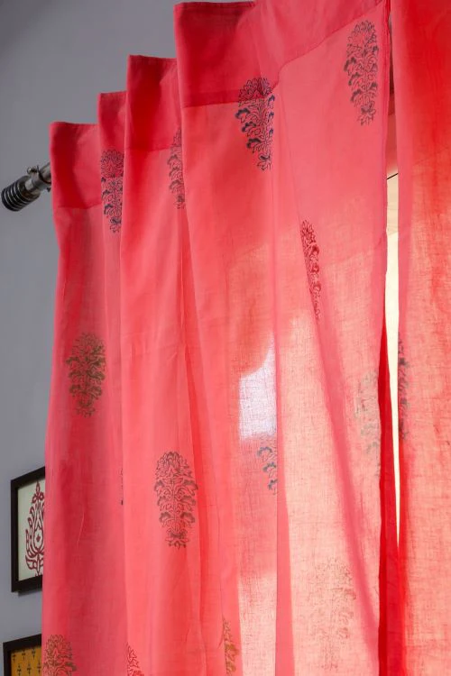 Sooti Syahi Climbing Orange Hand Block Printed Window Curtain - Image 4