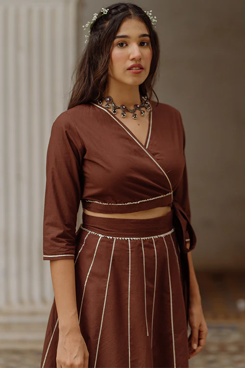 Okhai 'Cocoa Amour' Gota Patti Wrap Top With Skirt - Image 3