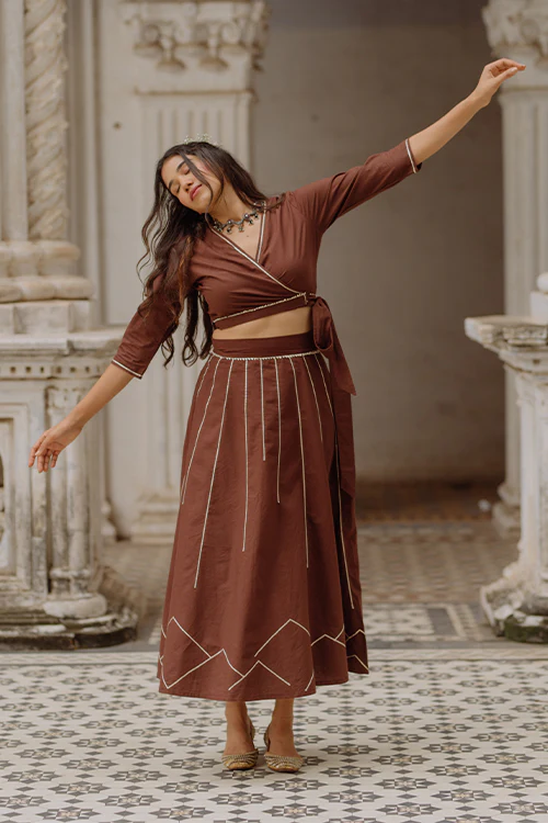 Okhai 'Cocoa Amour' Gota Patti Wrap Top With Skirt - Image 6