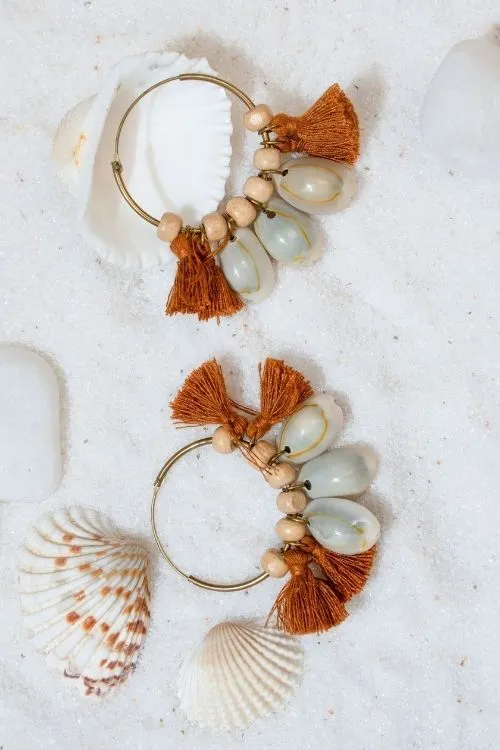 Combo Of WHE Artisan Shell Hoop Earrings & Cowry Shell Earrings - Image 3