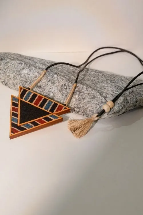 WHE Black Ajrakh Repurposed Fabric And Wood Triangular Necklace And Earrings - Image 5