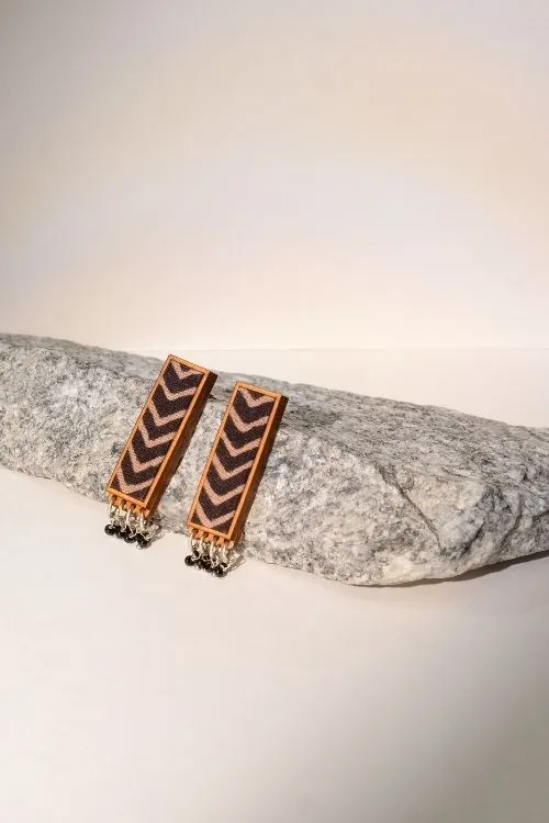 WHE Black Ajrakh Repurposed Fabric And Wood Triangular Necklace & Rectangular Earrings - Image 3