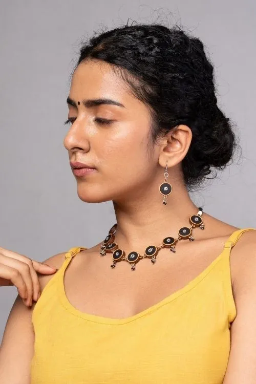 WHE Black Repurposed Fabric And Wood Necklace & Earrings - Image 3