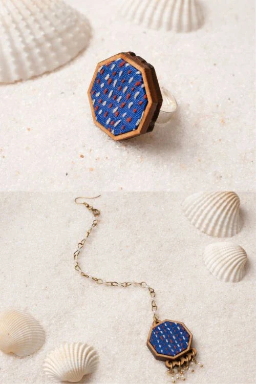 Combo Of WHE Blue Kantha Repurposed Silk Fabric And Wood Maang Tika & Ring