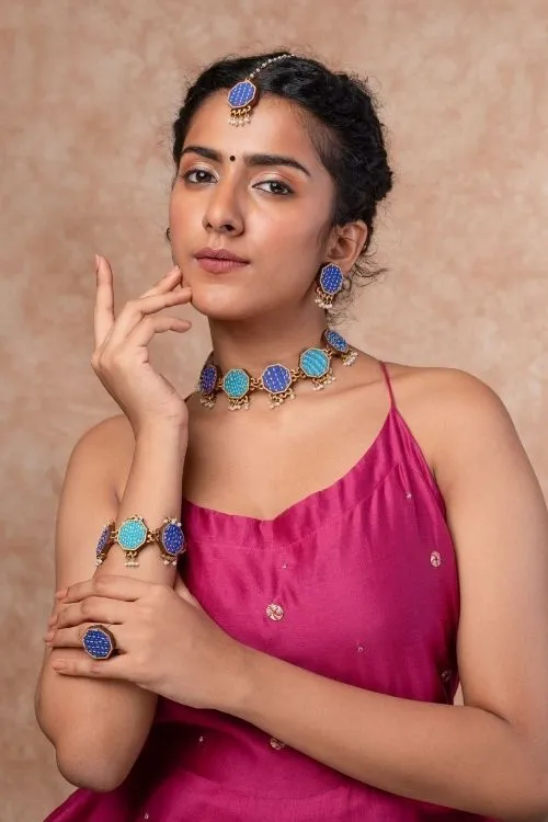 Combo Of WHE Blue Kantha Repurposed Silk Fabric And Wood Maang Tika & Ring - Image 2