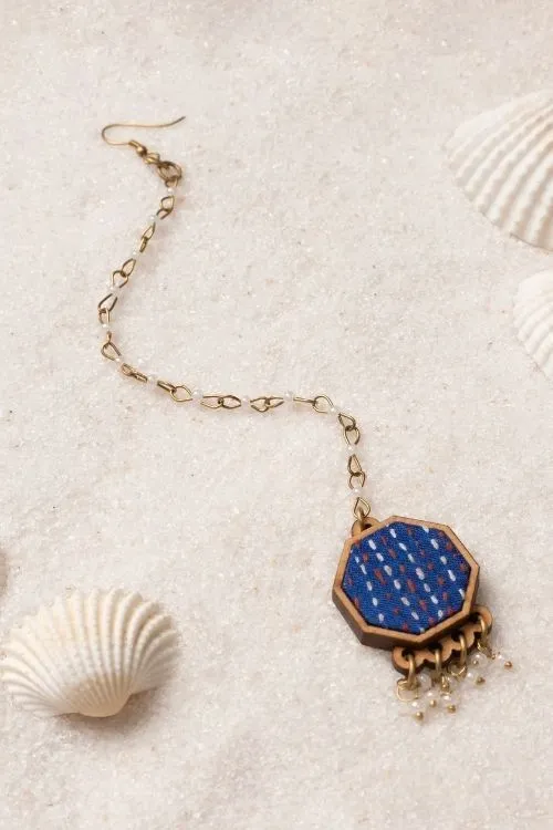 Combo Of WHE Blue Kantha Repurposed Silk Fabric And Wood Maang Tika & Ring - Image 3