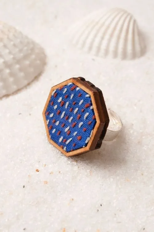 Combo Of WHE Blue Kantha Repurposed Silk Fabric And Wood Maang Tika & Ring - Image 4