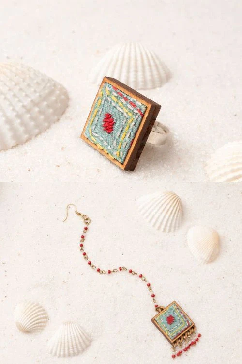Combo Of WHE Kantha Columbia Blue Repurposed Silk Fabric And Wood Ring & Tikka