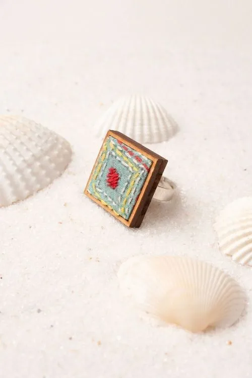 Combo Of WHE Kantha Columbia Blue Repurposed Silk Fabric And Wood Ring & Tikka - Image 5