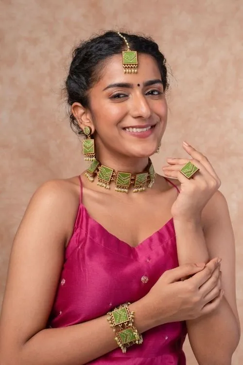 Combo Of WHE Kantha Green Repurposed Silk Fabric And Wood Ring & Tikka - Image 2