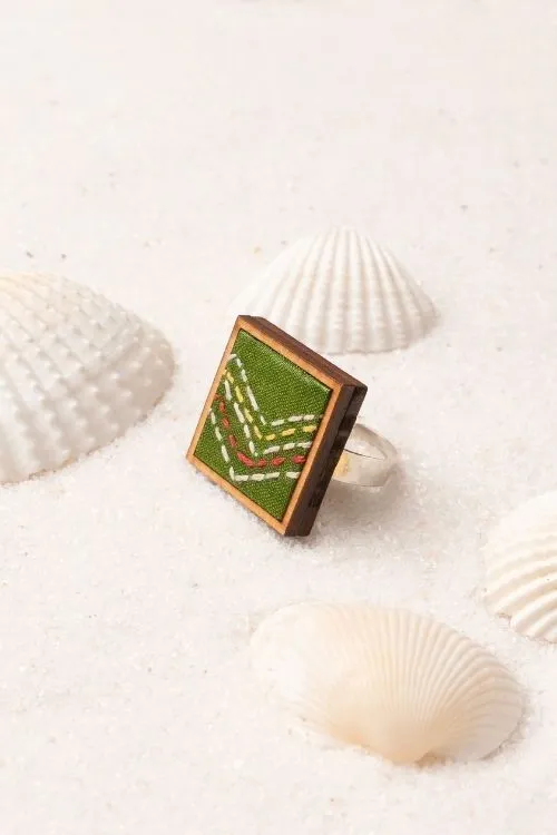 Combo Of WHE Kantha Green Repurposed Silk Fabric And Wood Ring & Tikka - Image 5