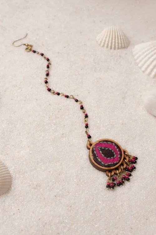 WHE Multicolor Kantha Silk Repurposed Silk Fabric And Wood Maang Tika & Ring - Image 3