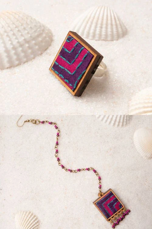 WHE Pink Purple Kantha Repurposed Silk Fabric And Wood Ring & Tikka