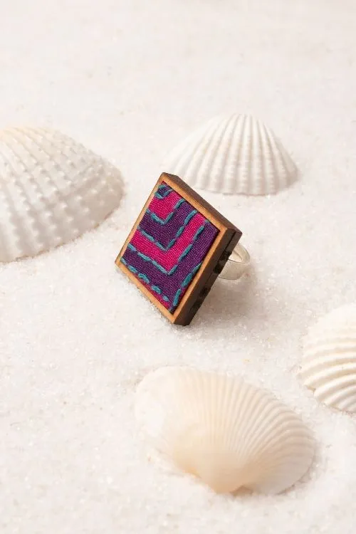 WHE Pink Purple Kantha Repurposed Silk Fabric And Wood Ring & Tikka - Image 3