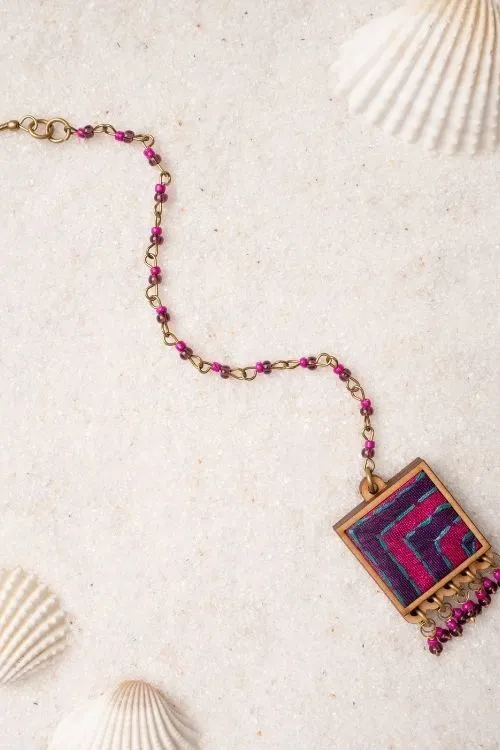 WHE Pink Purple Kantha Repurposed Silk Fabric And Wood Ring & Tikka - Image 4