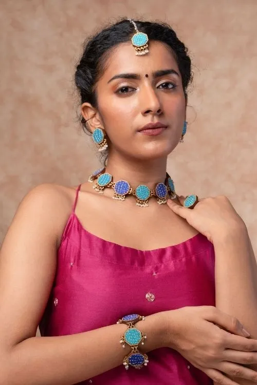 WHE Turquoise Kantha Repurposed Silk Fabric And Wood Maang Tika & Ring - Image 2