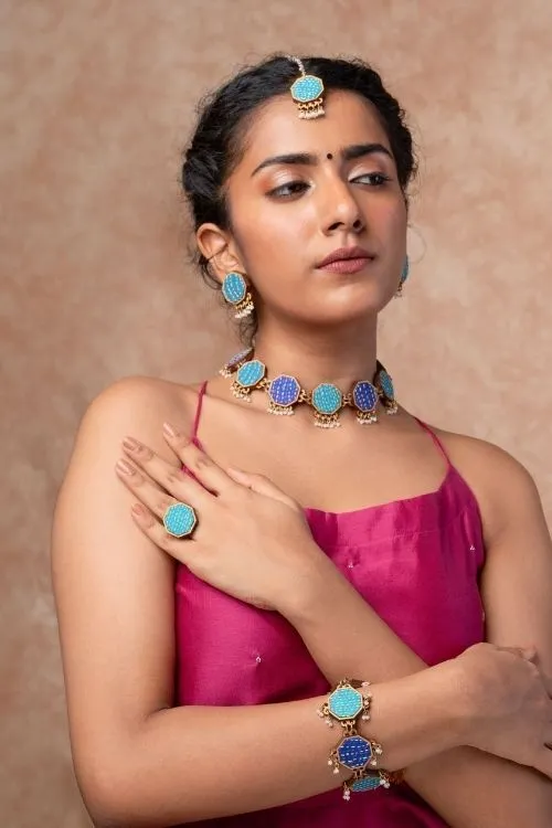 WHE Turquoise Kantha Repurposed Silk Fabric And Wood Maang Tika & Ring - Image 3