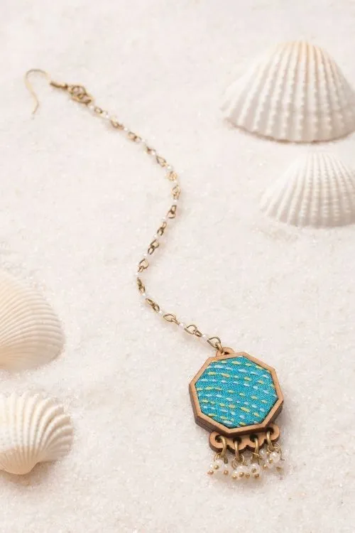 WHE Turquoise Kantha Repurposed Silk Fabric And Wood Maang Tika & Ring - Image 4