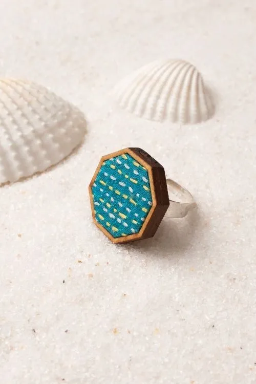WHE Turquoise Kantha Repurposed Silk Fabric And Wood Maang Tika & Ring - Image 5