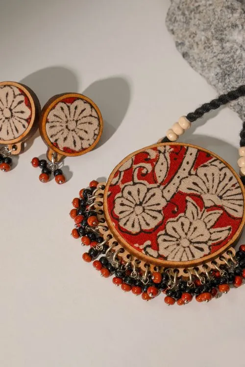 WHE Two In One Black And Red Repurposed Fabric And Wood Round Pendant & Earrings - Image 2