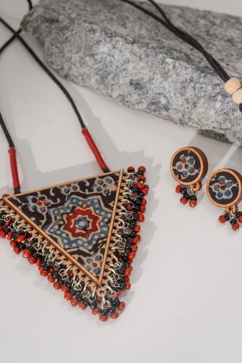 WHE Two In One Multicolour Repurposed Fabric And Wood Triangle Pendant & Rounds Studs - Image 2