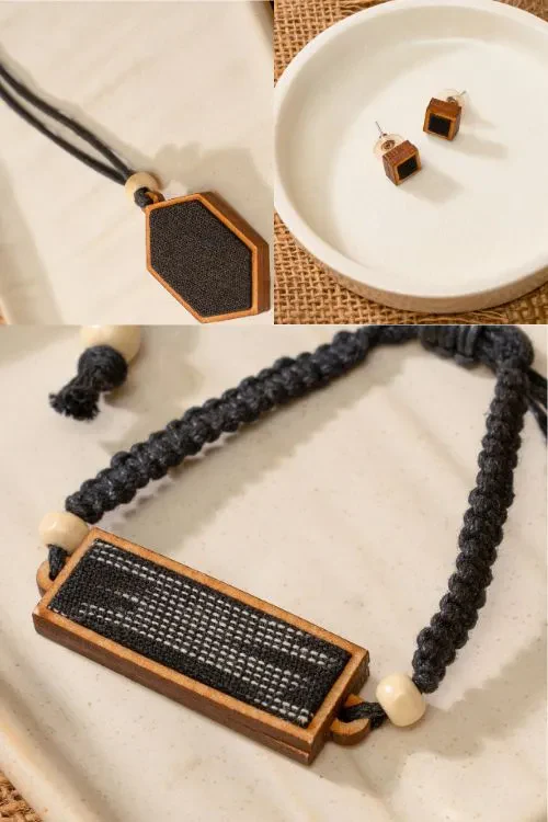 Combo Of WHE Unisex Black Repurposed Fabric And Wood Pendant, Studs & Bracelet
