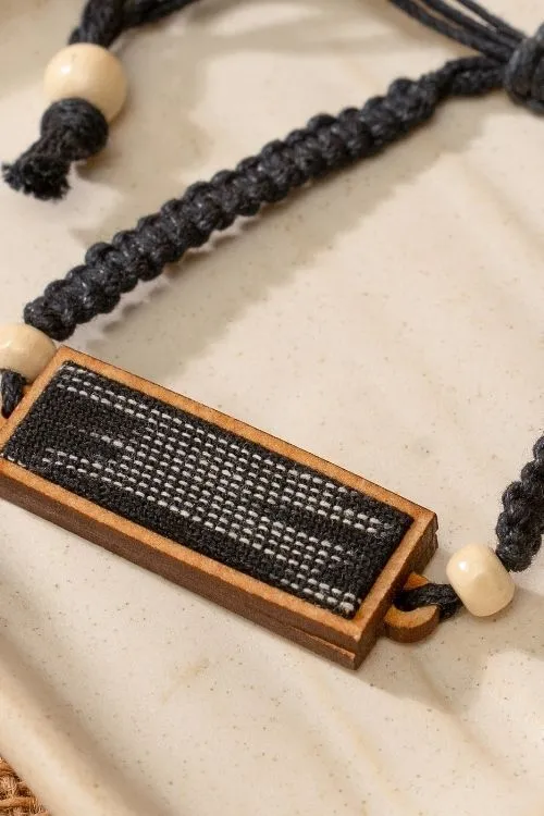 Combo Of WHE Unisex Black Repurposed Fabric And Wood Pendant, Studs & Bracelet - Image 4