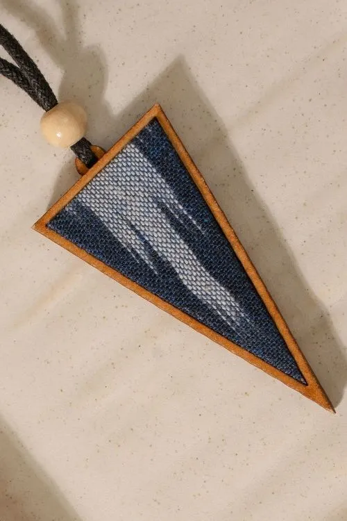 WHE Unisex Blue Repurposed Fabric And Wood Triangular Pendant & Round Studs - Image 3