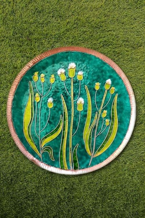 Copper Enamel Wall Plate "Gardens of Vishwakarma, Greens -Emilia-S" by Ekibeki