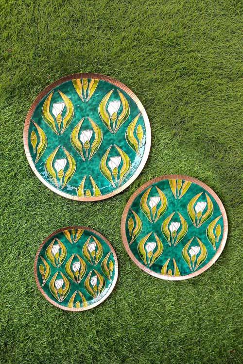 Copper Enamel Wall Plate "Gardens of Vishwakarma, Greens- Wildflower-L" by Ekibeki - Image 2